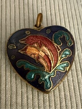 Vintage Dolphin Cloisonne Heart Shaped Pendant Charm
